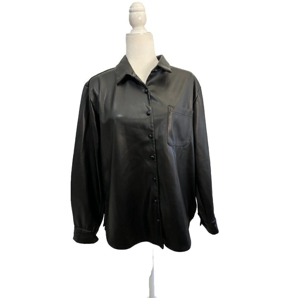 Kirious Faux Leather Black Button Up Women Shirt Size Medium